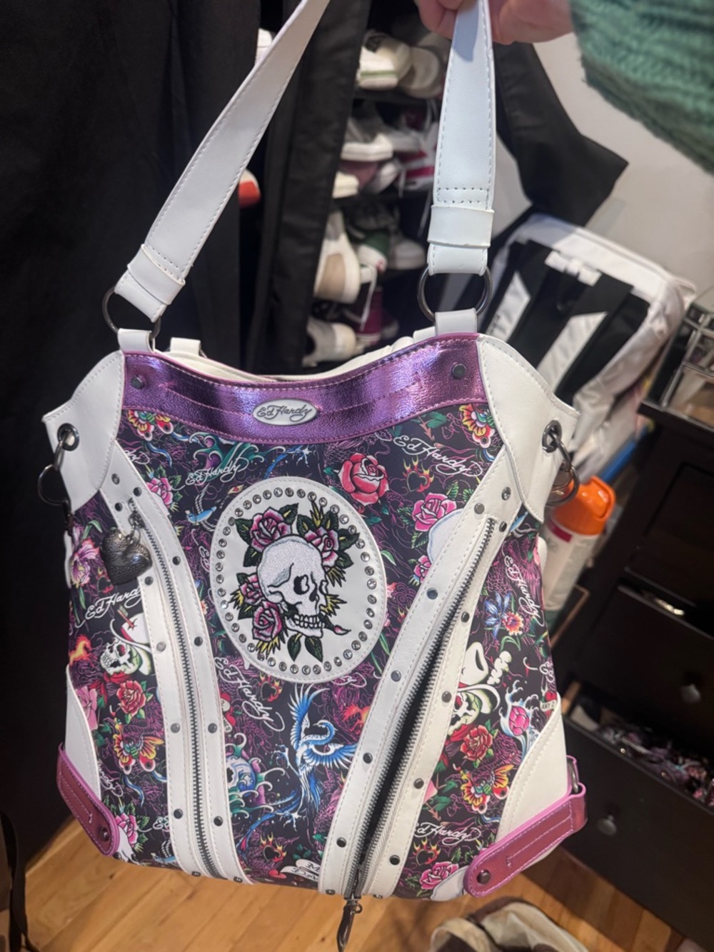 Ed Hardy White, Purple & Pink Floral Skull Shoulder/crossbody Bag